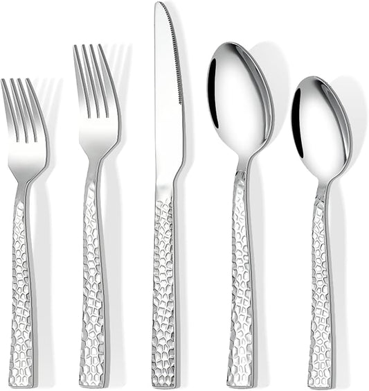 20-Piece Hammered Silverware Set, Food-Grade Stainless Steel Flatware Set for 4, Cutlery Set, Home Kitchen Utensil Set, Include Knifes Forks and Spoons Silverware Set, Mirror Finish, Dishwasher Safe