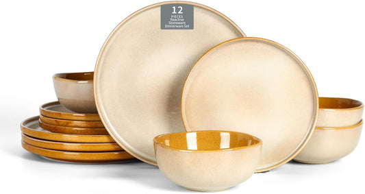 Vicrays Ceramic 12 Pieces Dinnerware Set - Dinner Plates Salad Plates Cereal Bowls Set Service for 4 - Scratch Resistant Microwave Oven Dishwasher Safe - Beige