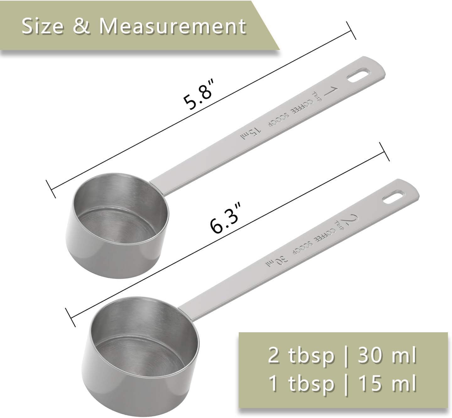 2PCS Coffee Scoop Set (1tbsp, 2tbsp), Long Handle Measuring Spoon, 15 ml and 30 ml Stainless Steel Coffee Scooper