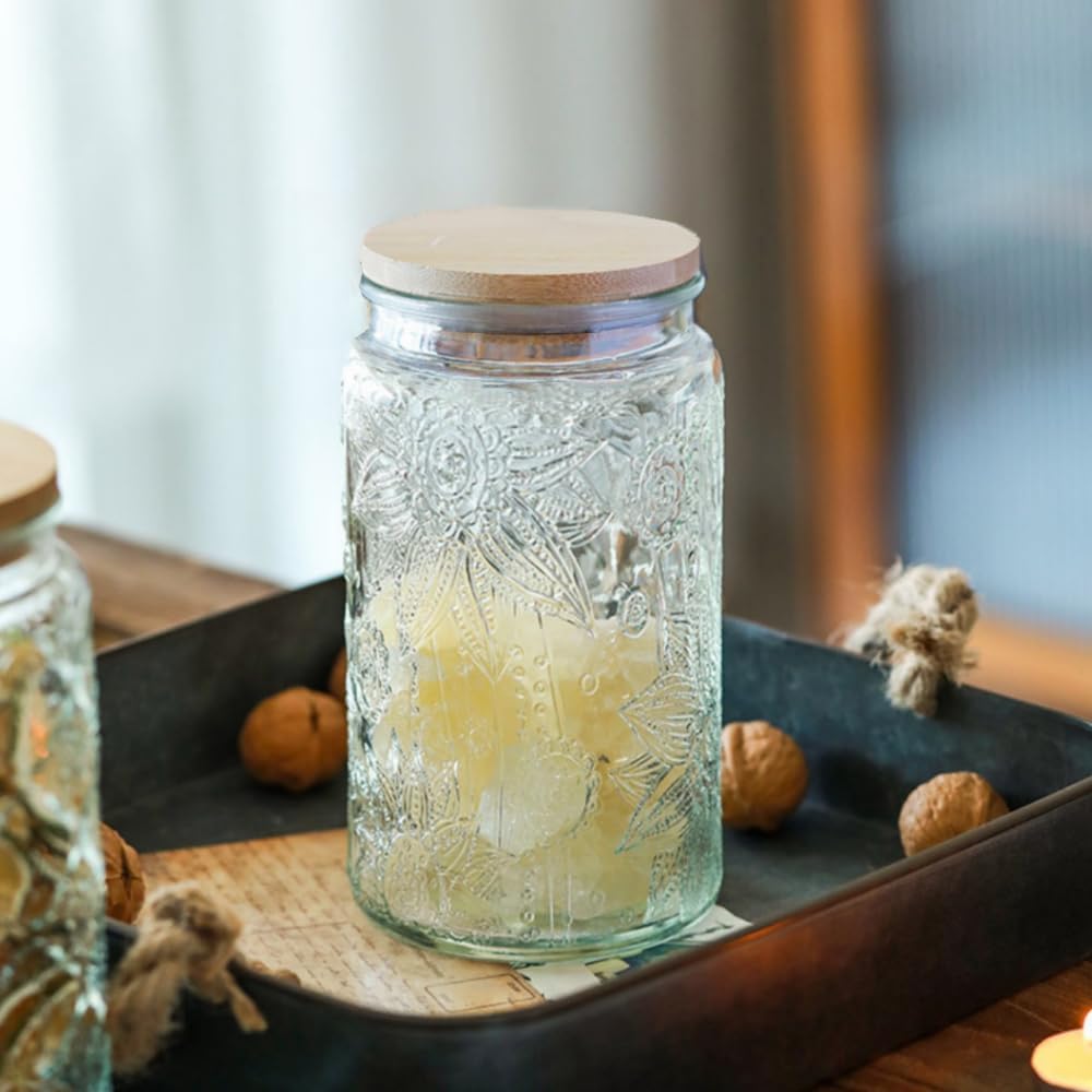 ANSQU Vintage Glass Storage Jar, 34 FL OZ Glass Food Storage Containers with Bamboo Lid, Airtight Cookie Jar Candy Jar for Kitchen Counter, Pantry, Coffee, Tea, Sugar