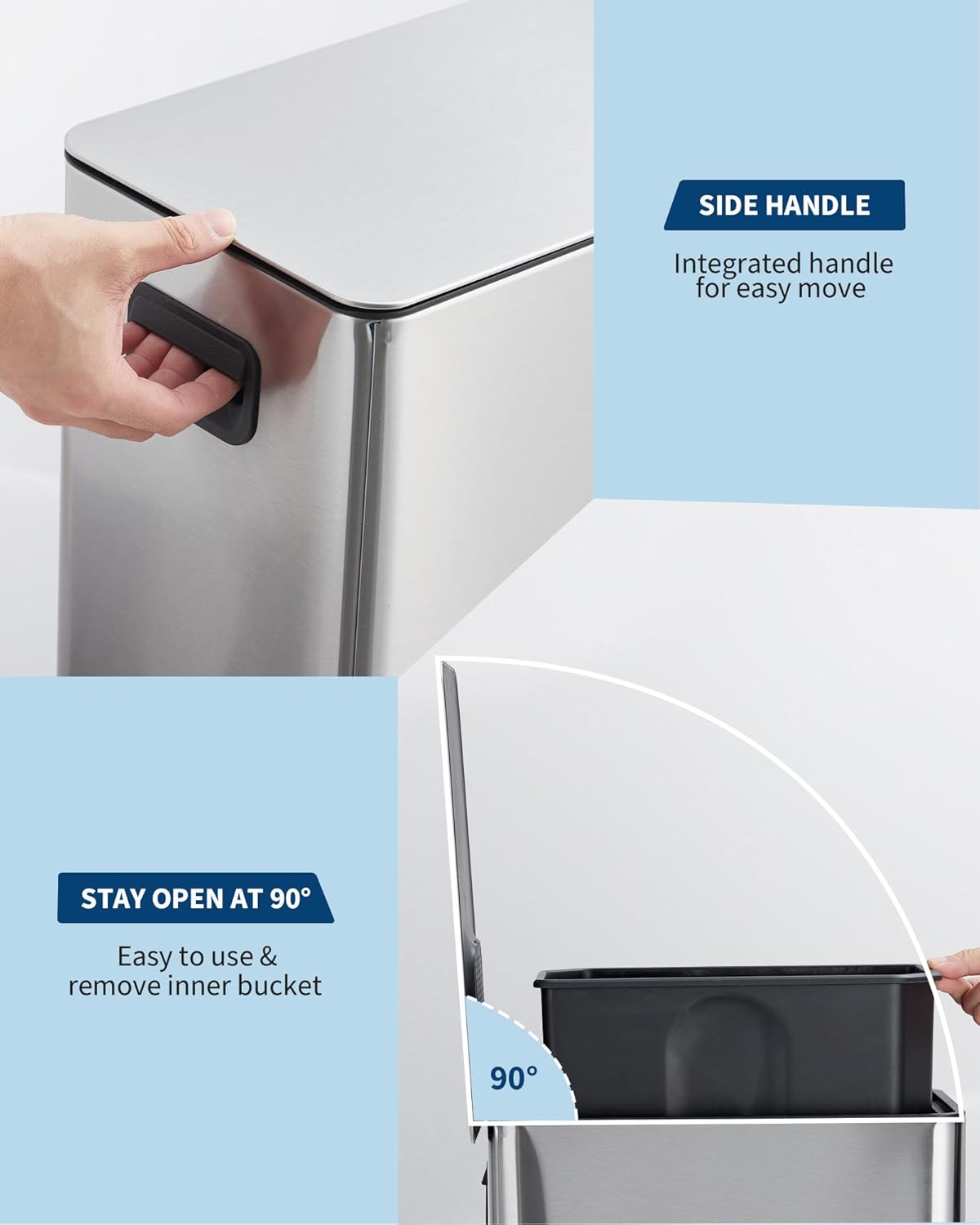 4 Gallon Stainless Steel Trash Can with Soft Close Lid, Step-on Bathroom & Kitchen Garbage Bin, Compact Slim Design with Removable Inner Bucket for Office, Living Room