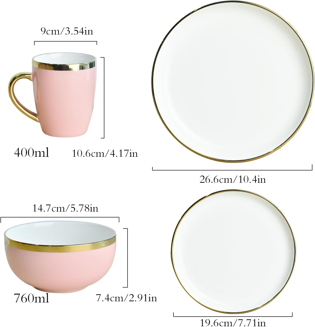 Pink Dinnerware Sets for 4 Ceramic, 16-Piece Luxury Plates and Bowls Sets with Gold Rim, Modern Dish Set for Wedding Christmas Anniversary, Crack Resistant | Dishwasher & Freezer Safe