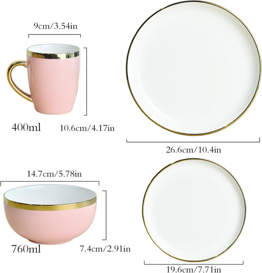 Pink Dinnerware Sets for 4 Ceramic, 16-Piece Luxury Plates and Bowls Sets with Gold Rim, Modern Dish Set for Wedding Christmas Anniversary, Crack Resistant | Dishwasher & Freezer Safe