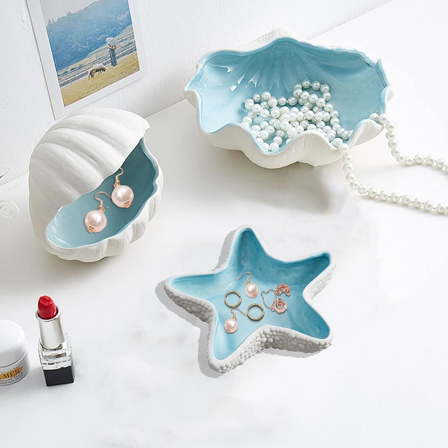 Ceramic Shell Jewelry Dish Tray Trinket Dish Ring Holder Ocean Coastal Decor Jewelry Tray Decorative Tray Key Bowl for Jewelry Birthday Party Easter Gift Hom Room Beachy Decor (G STYLE)