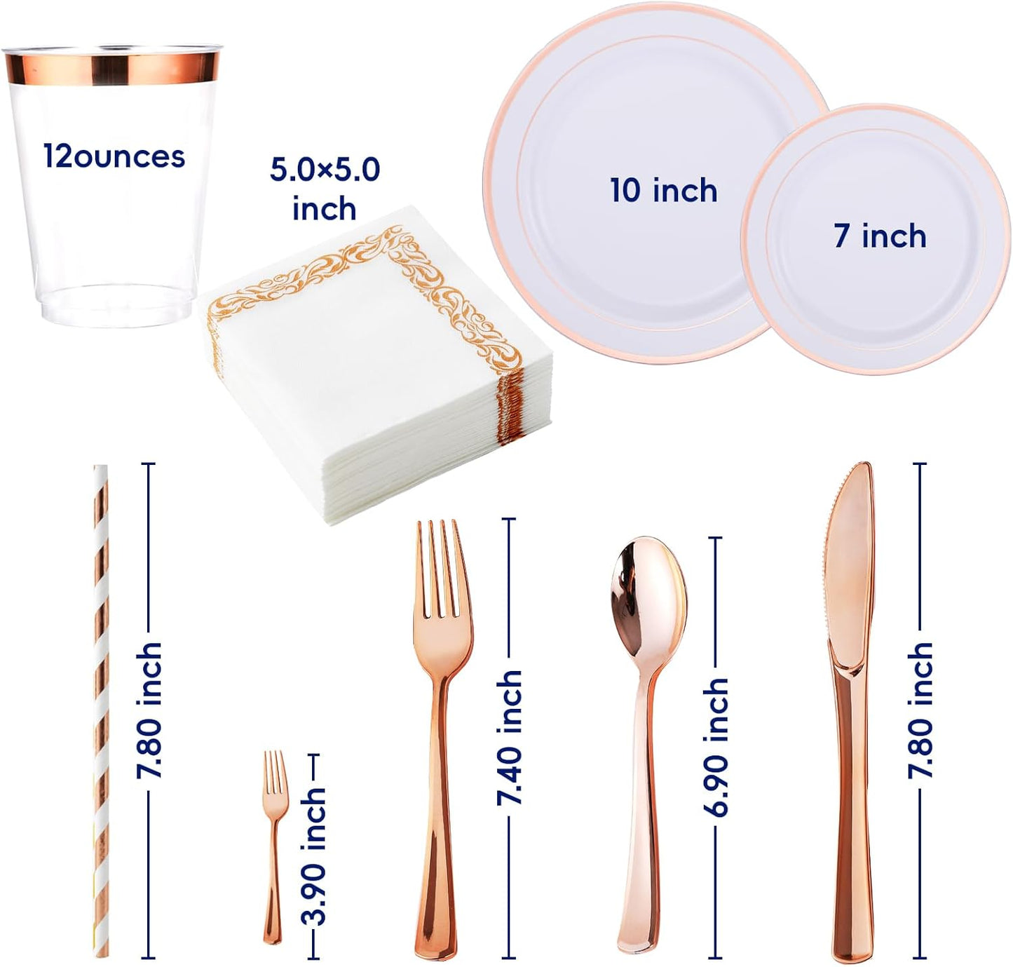250 Count Rose Gold Disposable Plastic Dinnerware Set, 50 Rose Gold Plastic Plates, 25 Silverware, 25 Cups and Straws, 50 Napkins, Perfect for Wedding Party