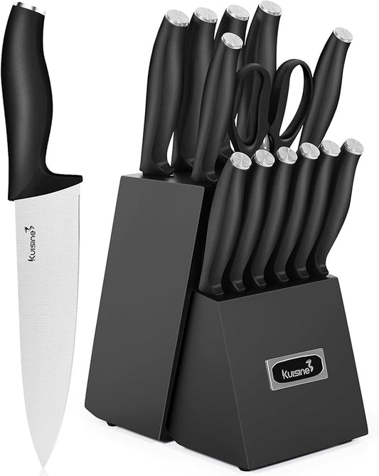 Kuisine Kitchen Chef Knife Block Set,High Carbon Stainless Steel Sharp Knife Set with Built-in Sharpener,Elegant Gift(Black,15pcs)
