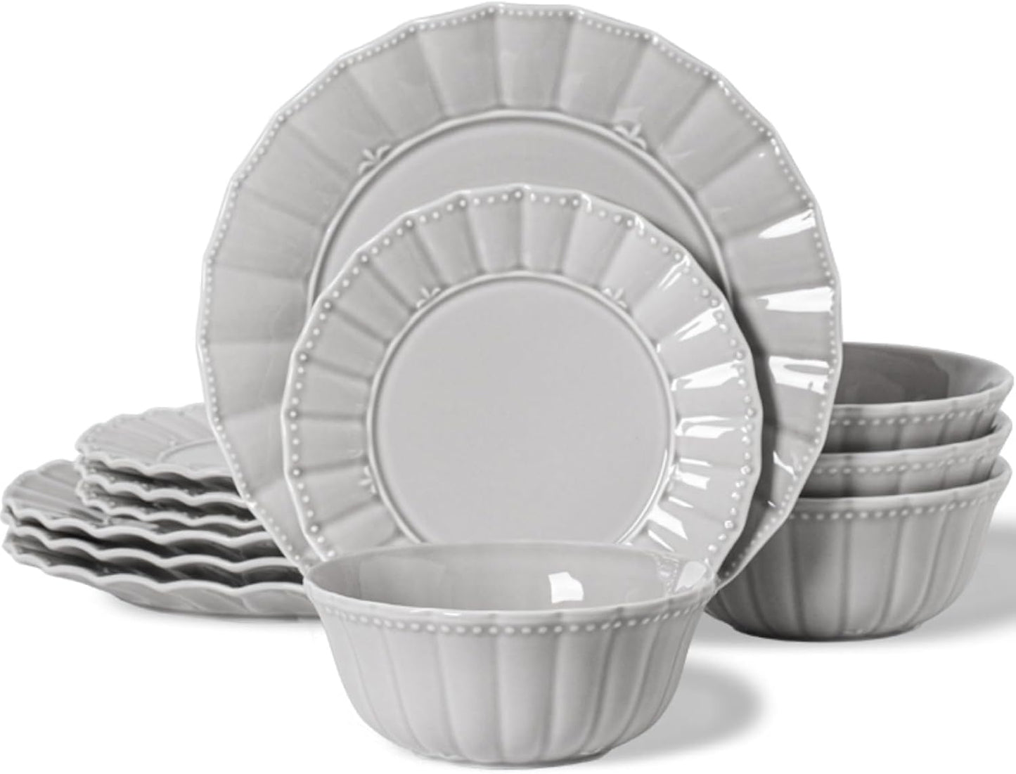 Dinnerware set, 12 Piece plates and bowls sets for 4, Ceramic Modern dish set for party, Porcelain dish set, House gift, Microwavable safe, Light Grey