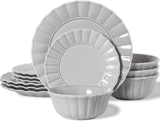 Dinnerware set, 12 Piece plates and bowls sets for 4, Ceramic Modern dish set for party, Porcelain dish set, House gift, Microwavable safe, Light Grey