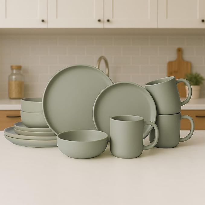 12-Piece Matte Green Dinnerware Set,Stoneware Dinnerware for 3, Microwave & Dishwasher Safe, Stackable Design for Kitchen and Dining - Plates,Bowls and Mugs