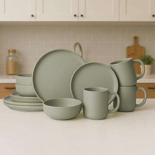 12-Piece Matte Green Dinnerware Set,Stoneware Dinnerware for 3, Microwave & Dishwasher Safe, Stackable Design for Kitchen and Dining - Plates,Bowls and Mugs