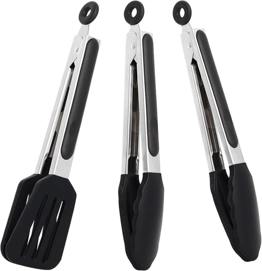 9 Inch Small Kitchen Tongs Set of 3, Silicone Cooking Tongs with Silicone Tips and Stainless Steel Handle, Tongs for Cooking, Serving
