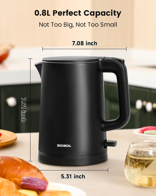 Electric Kettle Small for Tea & Coffee, 0.8L (27OZ) Double Wall Stainless Steel Hot Water Boiler, Fast Boiling Water Heater & Teapot with Auto Shut-Off, Boil-Dry Protection