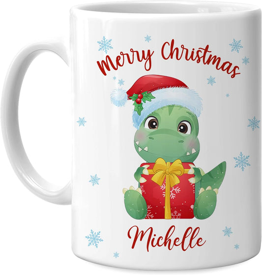 Hyturtle Personalized Gifts Dinosaur Lover - Dinosaur Wearing Santa Hat Custom Name Ceramic Coffee Mug Cup 11oz - Cute Animal Lovers Gifts For Women, Girl kids Family On Birthday, Christmas