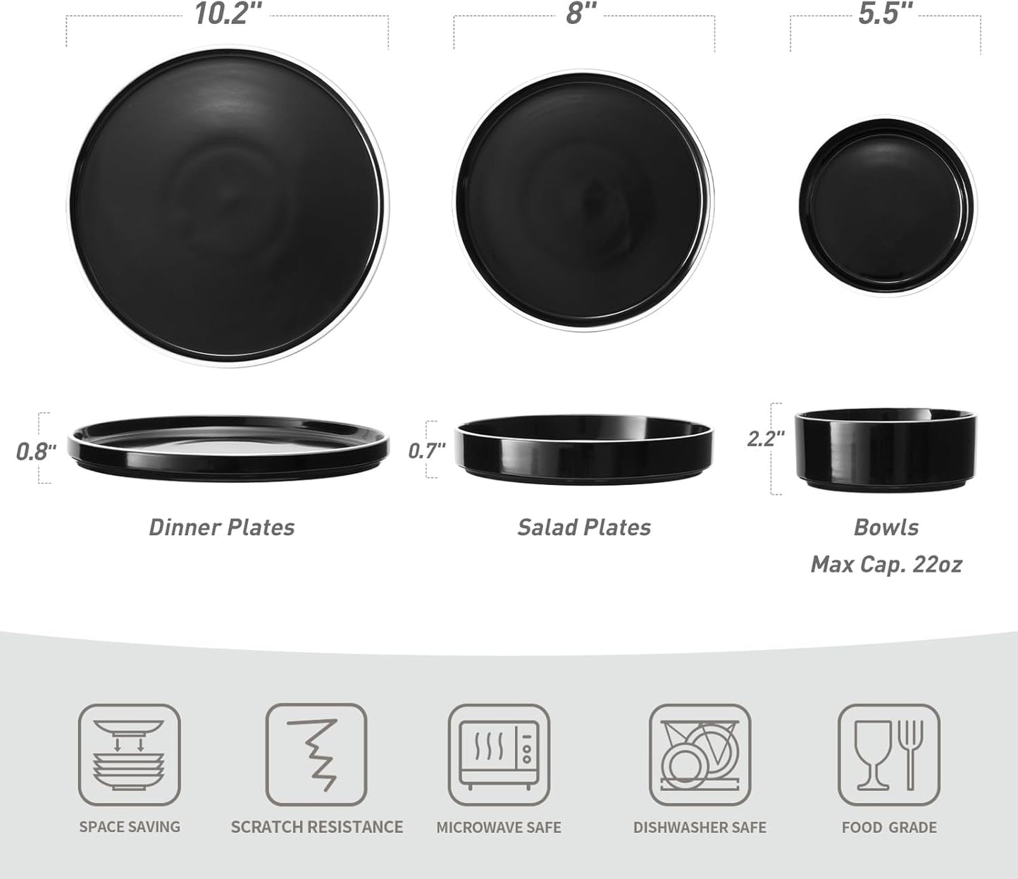 Famiware Nebula Plates and Bowls Sets for 4, 12 Pieces Stoneware Dinnerware Set, Microwave and Dishwasher Safe Dishes Set, Black with White Rim