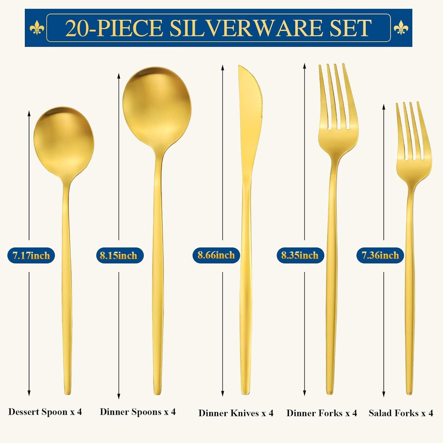 Matte Gold Stainless Steel Flatware Set for 4, 20-Piece Cutlery Tableware with Spoons and Forks, Dishwasher Safe