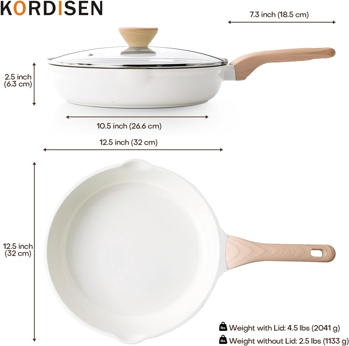 Kordisen Nonstick Ceramic Frying Pan with Lid, 12.5 Inch Ceramic Large Skillet with Lid, Healthy Non Toxic Cooking Pan, Stay-Cool Handle, Induction Compatible, PFOA & PFAS Free, White