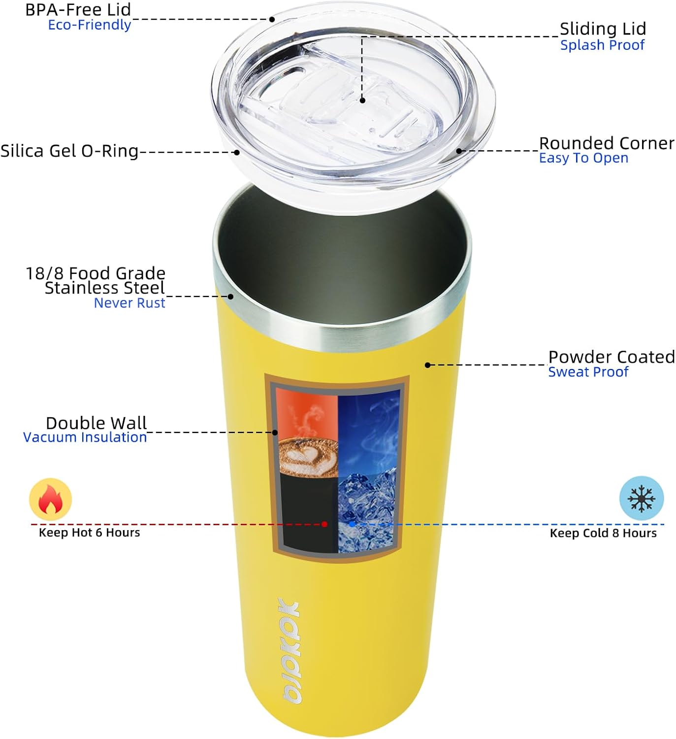 BJPKPK Yellow Skinny Stainless Steel Tumblers 20 oz Vacuum Insulated Reusable Tall Coffee Travel Tumbler Cup with Lid