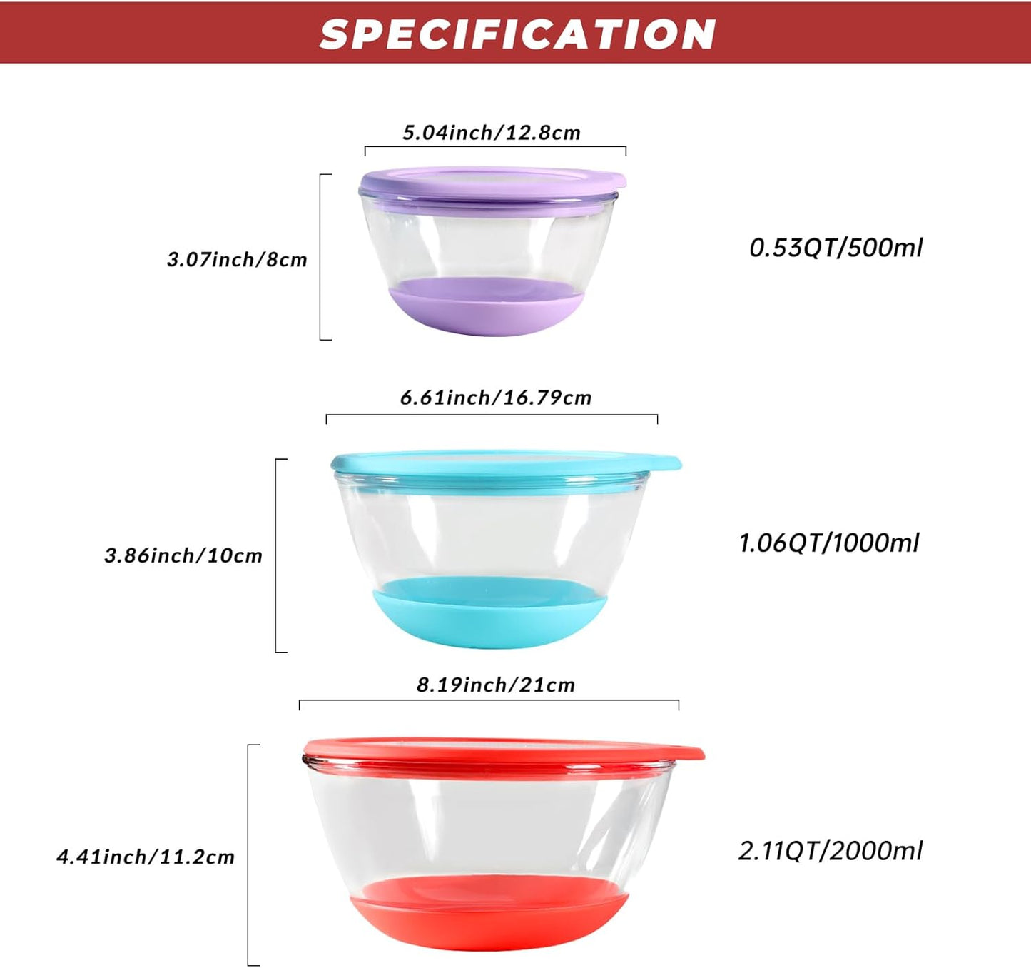 Glass Mixing Bowls Set of 3 with BPA-Free Airtight Lids, Large Nesting Bowls with Non-Slip Silicone Base, Ideal for Food Storage, Dishwasher & Microwave Safe, 2, 1, 0.5 QT Purple Blue Red