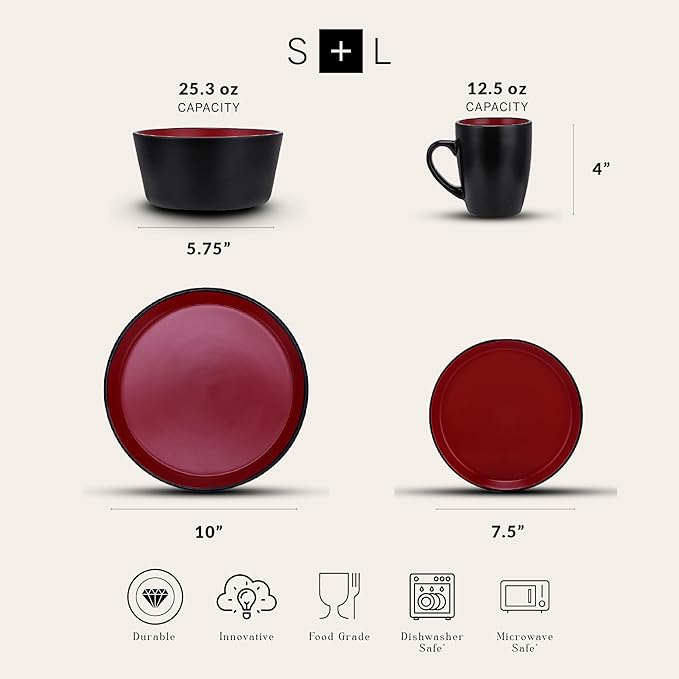 Stone Lain Albie Stoneware 32 Piece Dinnerware Set, Plates and Bowls Sets, Dish Set for 8, Red and Black, Microwave & Dishwasher Safe
