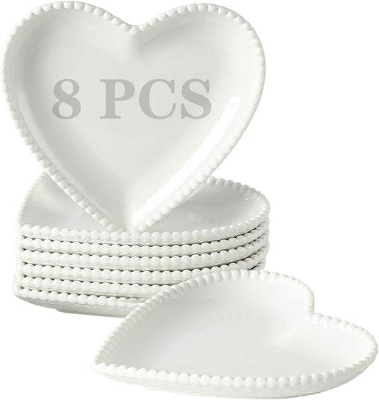 7.5 Inch Porcelain Appetizer Plates Set of 8, Heart Shape Small Dinner Plates, Dessert Salad Plates Serving Dishes for Cake, Snack, Ice Cream, Waffles, Microwave, Oven, Dishwasher Safe, White