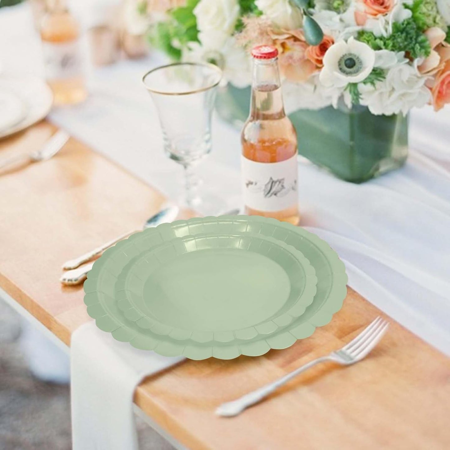 50 Pcs Sage Green Scalloped Paper Plates 25 × 7'' and 25 × 9'' Disposable Sage Scalloped Dinner Plates for Wedding Baby Shower Birthday Party Disposable Dessert Plate