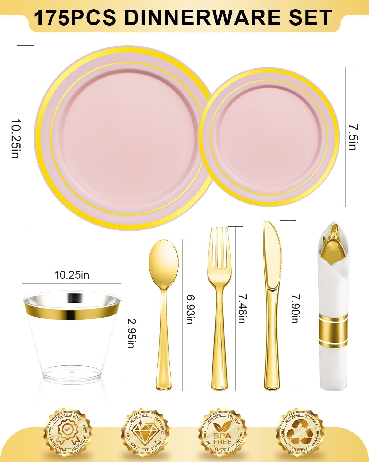 175PCS Pink Plastic Dinnerware Set, Disposable Party Plates for 25 Guests, Include: 50 Pink and Gold Plastic Plates, 25 Pre Rolled Napkins with Gold Silverware, 25 Cups for Wedding, Christmas