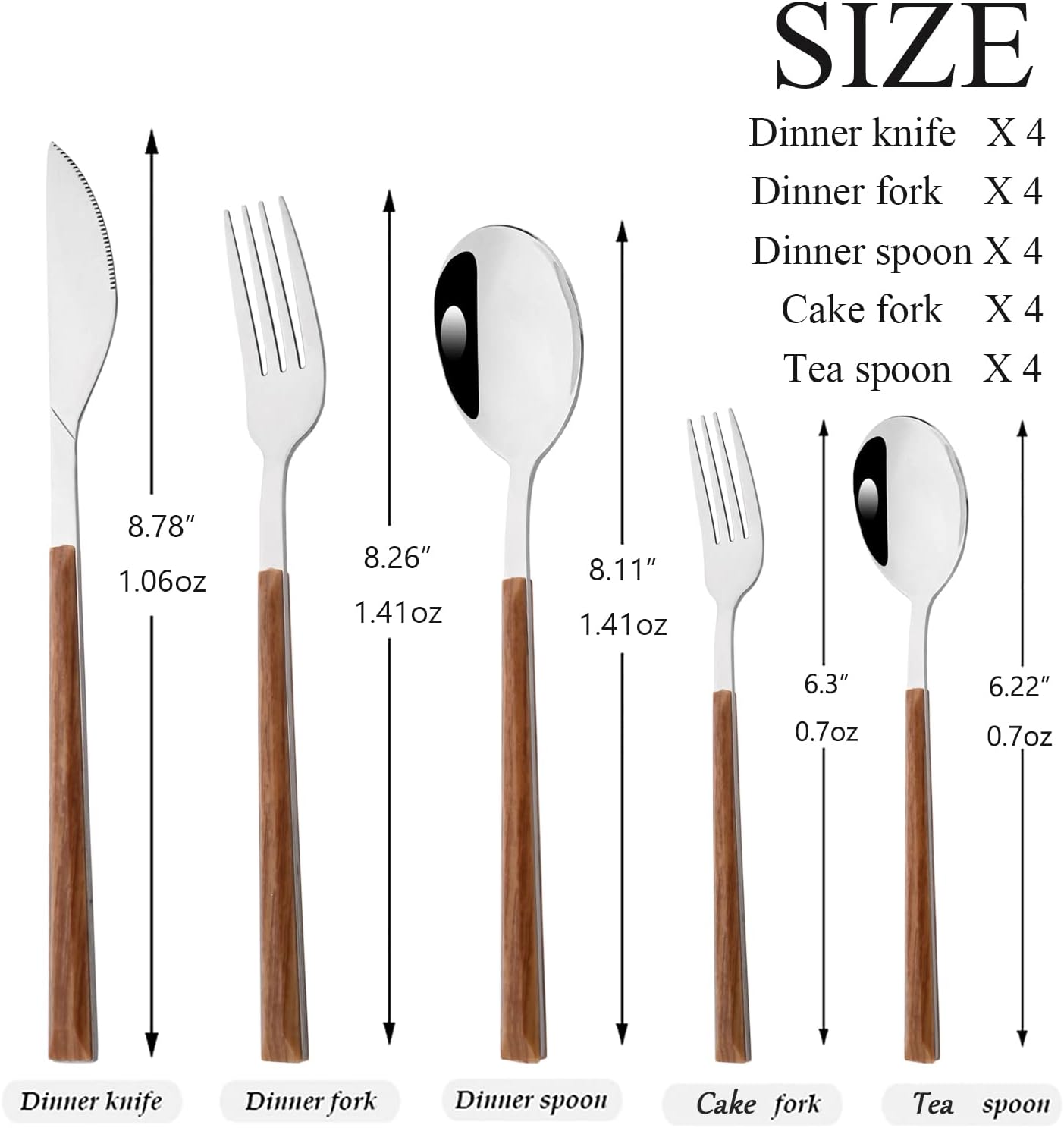 20 Piece (4 Set) Silver Stainless Steel Tableware With Wooden Handle, Wedding Cutlery And Daily Use, Silverware For Home Restaurant Party, Mirror Finished