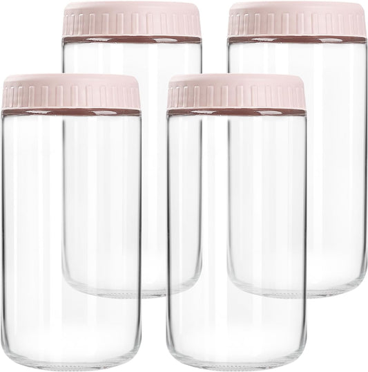 Overnight Oats Containers with Lids, 24oz Glass Jars with Lids 4 pcs, Pink, Wide Mouth Mason jars for Salad, Yogurt, Snacks, Meal Prep