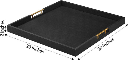 20x20 Inches Large Black Faux Leather Wrapped Wood Ottoman Tray with Handles for All Occasions, Serving Food Breakfast On Bed, Home Decor Decorative, Living Room,Square Coffee Table Organizer