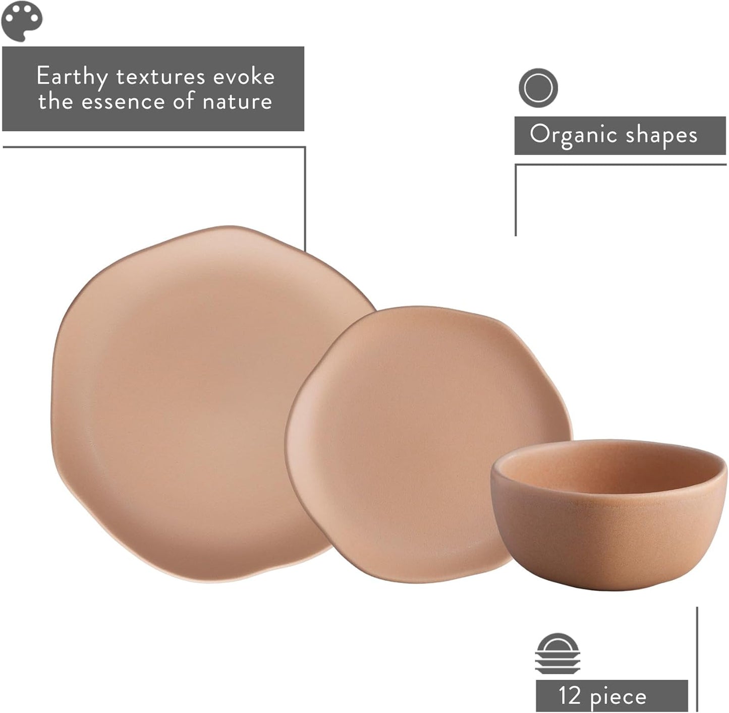 Corona Dinnerware Set 12–piece, Plates and Bowls Set, Ceramic Sets for 4, Microwave and Dishwasher Safe, Areia Modern Organic Shape.