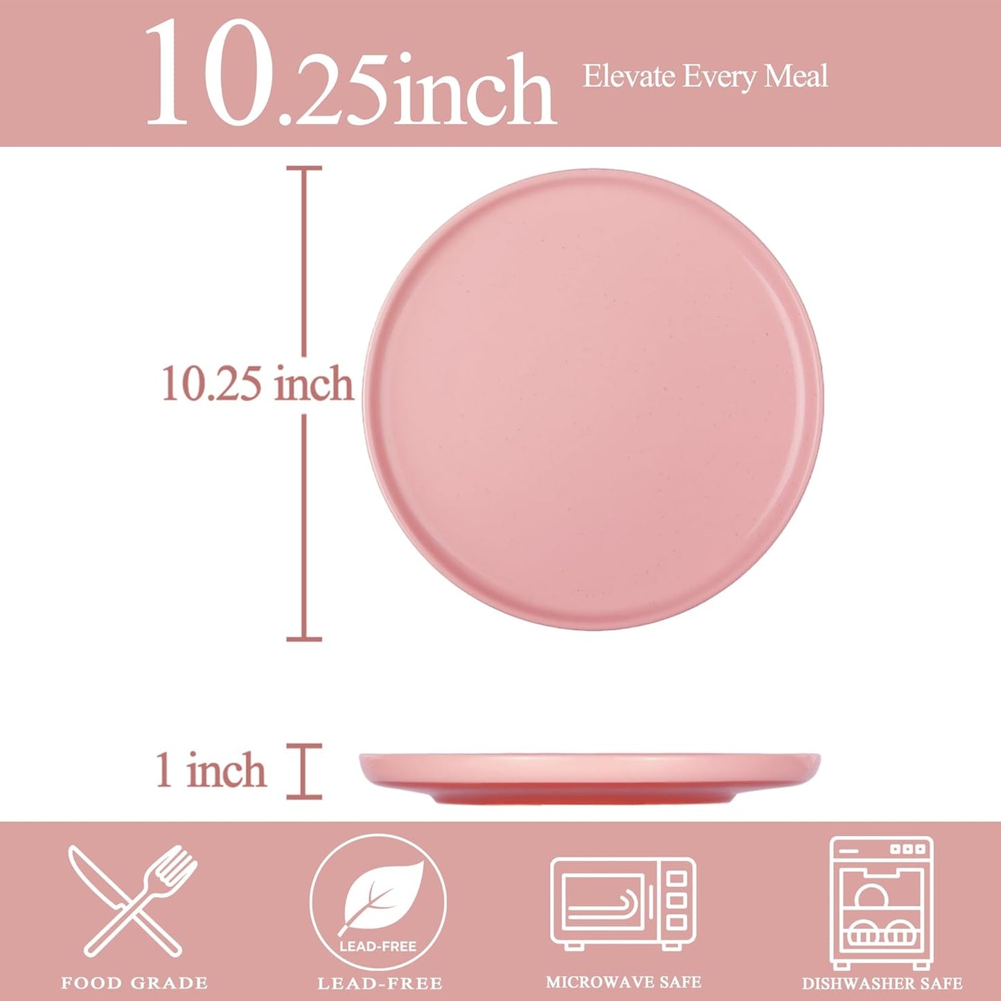 Stoneware Dinner Plates Set of 4, 10.25 Inch Plates for Steak, Pasta, Ceramic Plates Sets, Microwave Safe, Dishwasher Safe, Versatile for All Seasons, Pink