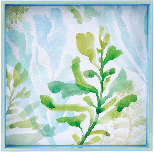 rockflowerpaper Sea Kelp 15inch Square Lacquered Wooden Serving Tray with Handles, Coffee Table Ottoman Tray for Dining. for Food, Drinks, Cocktail, Great for Parties, Entertaining & Gift