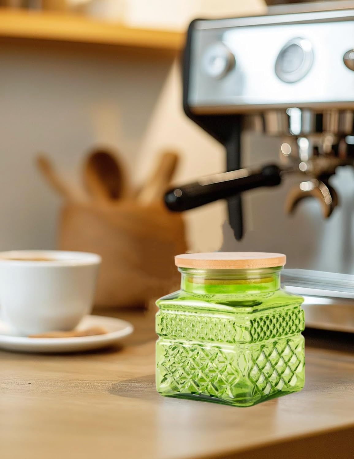 Glass Storage Canister with Airtight Lids, 20.3 oz Candy Jar Cute Jar for Ground Coffee, Tea Bag, Snacks Vintage Decorative Glass Jars for Coffee Bar Kitchen Counter Table