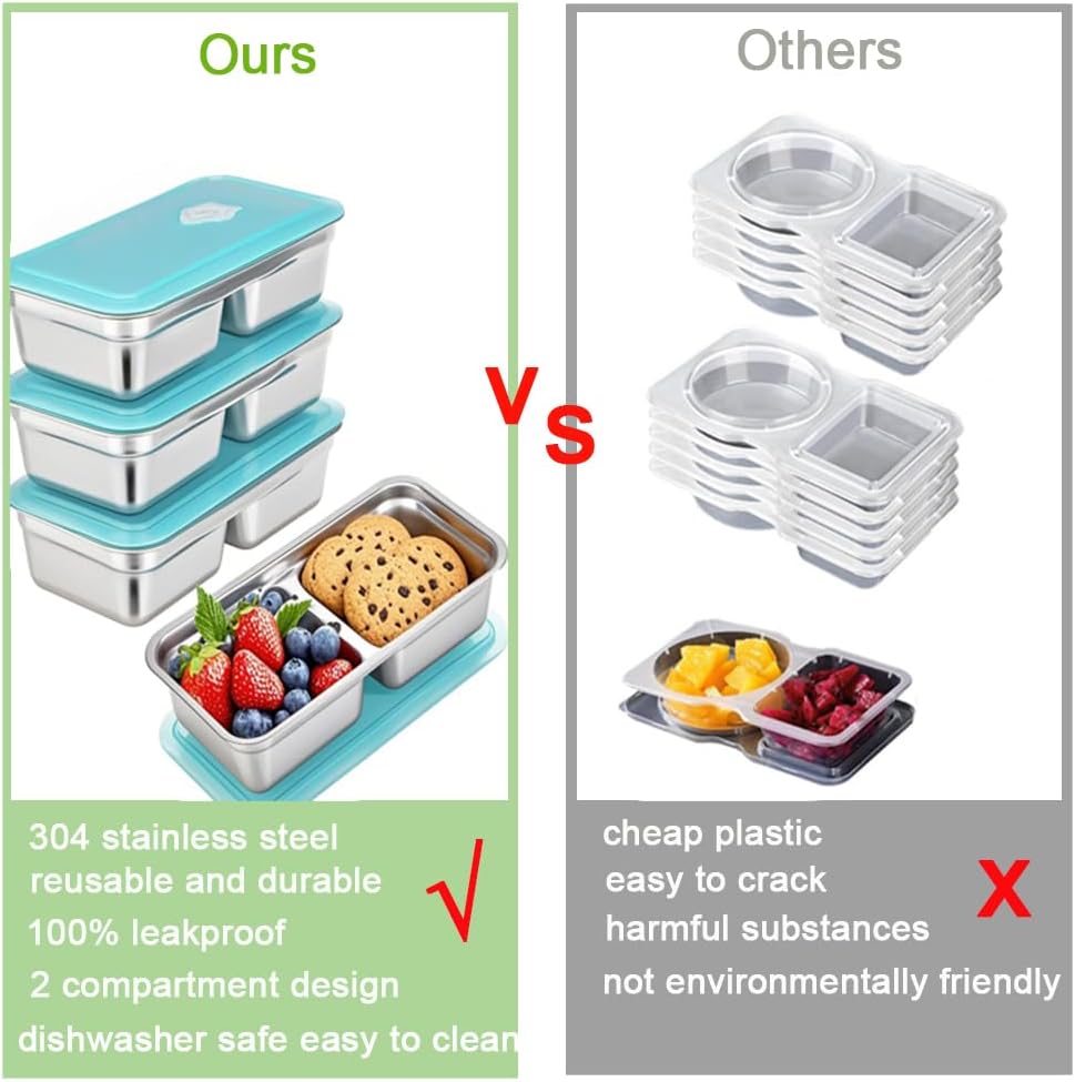 3 Pack Stainless Steel Snack Containers with Lids, Leak Proof Easy Open Snack Box Container for Adults, Reusable Food Storage Containers with 2 Compartment for Travel, Camping, Work, Outdoor