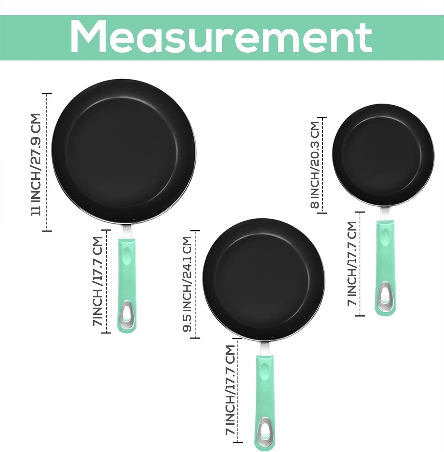 Utopia Kitchen Nonstick Cookware 3 Piece Set, Non-Stick Frying Pans with Induction Bottom, 8, 9.5 & 11 Inches Frying Pans with Bakelite Handles, PFOA Free, Green & Black