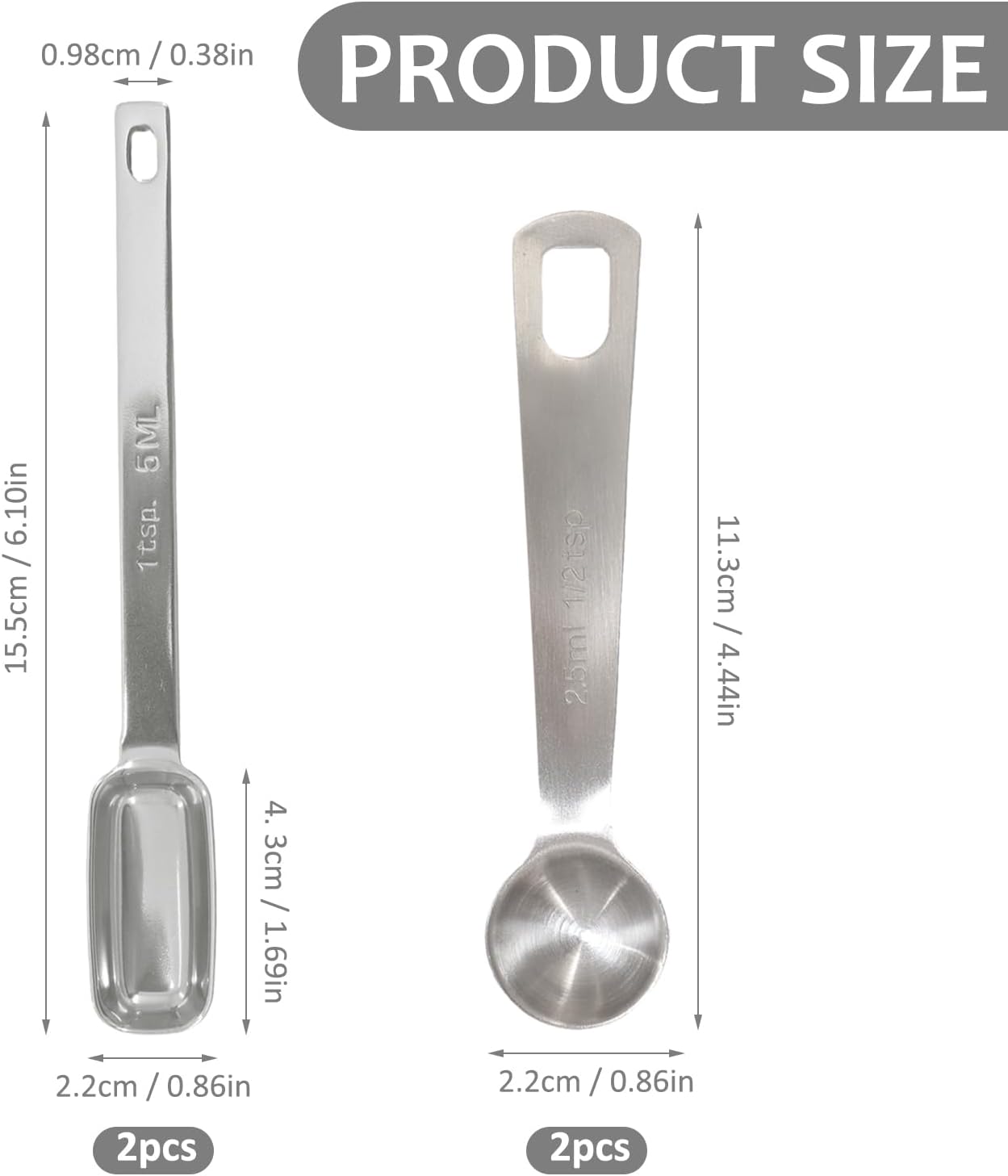 Stainless Steel Measuring Spoons 4 Pcs Teaspoon Measuring Spoons Round and Square, Long Handle with Scale, Suitable for Kitchen, Baking, Seasoning (2.5ml, 5ml)