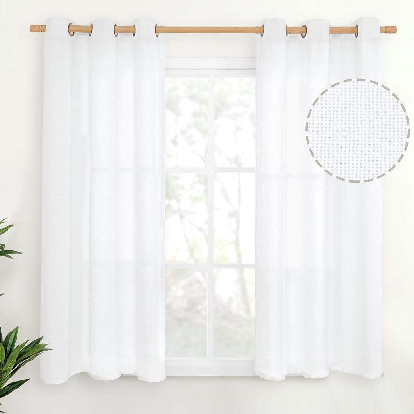 YoungsTex Linen Semi Sheer Curtains 54 Inch Length for Short Window, White Drapes with Bronze Grommet Light Filtering for Bathroom Bedroom Kitchen, 42 X 54 Inch, 2 Panels