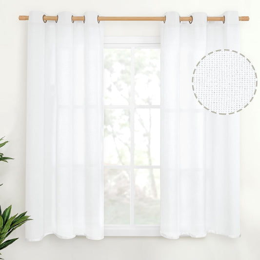 YoungsTex 48 Inch Length White Semi Sheer Curtains for Short Window, Light Filtering Linen Drapes with Bronze Grommet for Kitchen Bedroom Bathroom Decorative Privacy, 42 X 48 Inch, 2 Panels