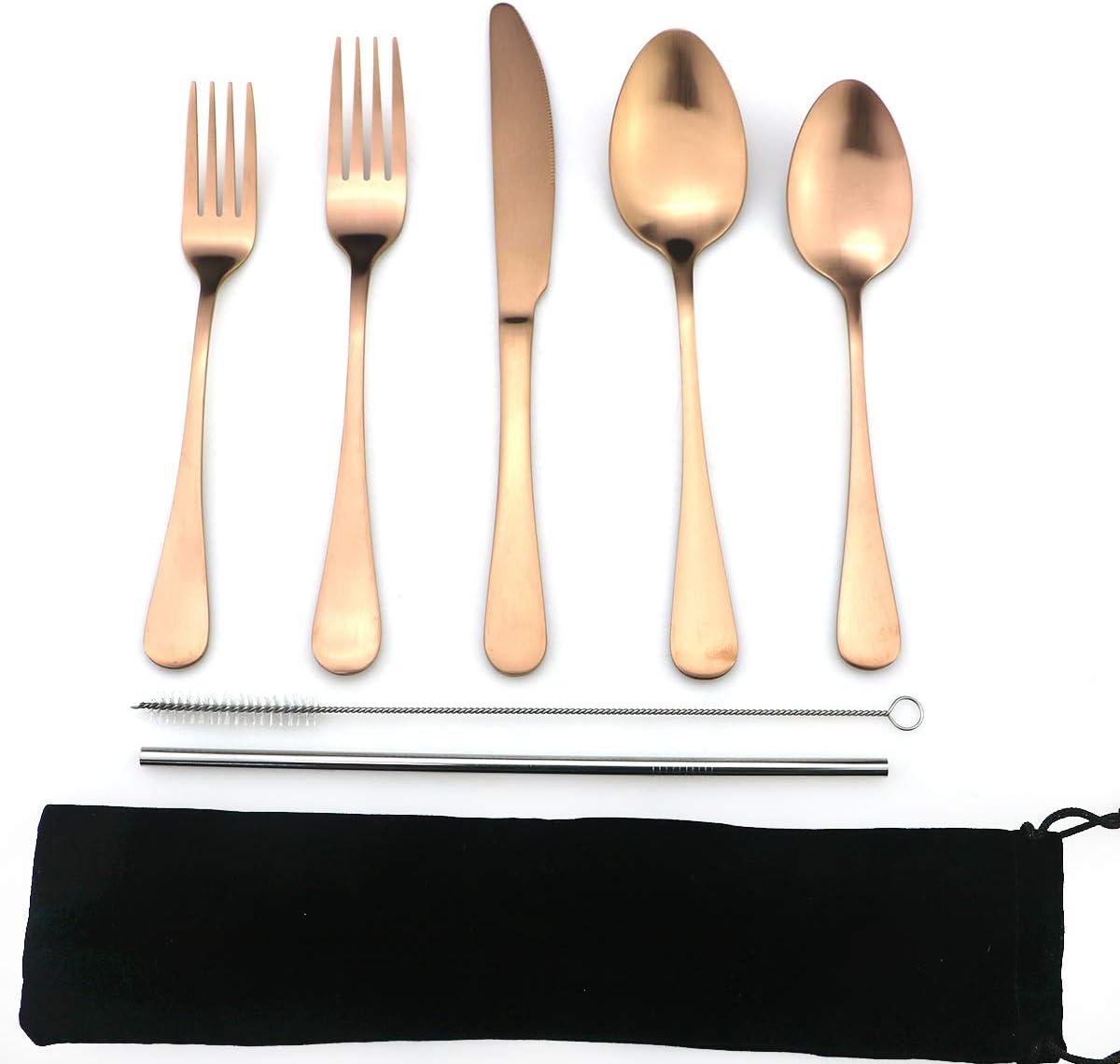 JASHII Modern Royal 5 Pcs Matte Rose Gold 18/10 Stainless Steel Utensils Cutlery Dinnerware Set w/Straw, Knife Fork and Spoon Flatware Set for Wedding Festival Christmas Party Service for 1