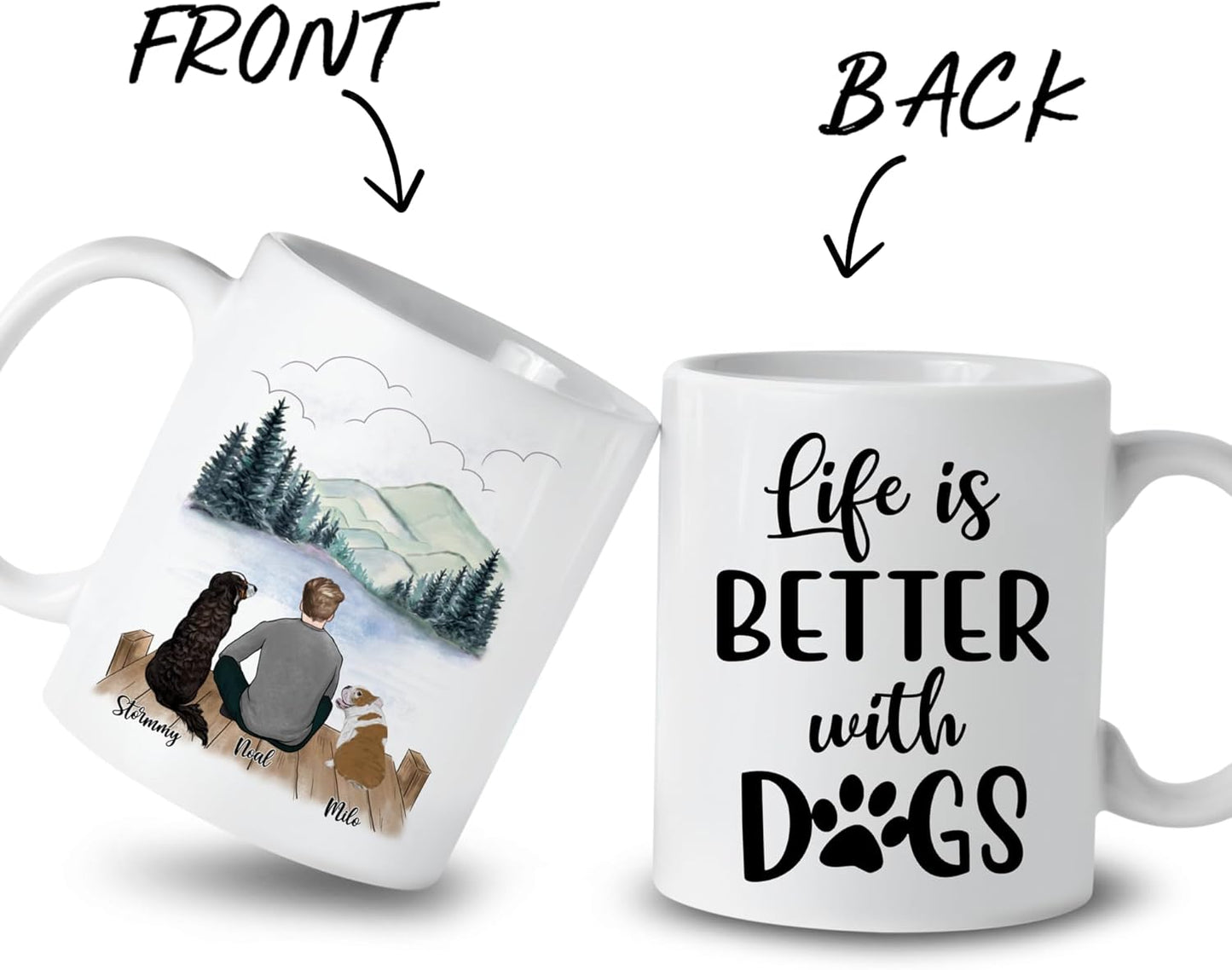 Gossby Personalized Dog Mug - Life is Better with Dogs (Man - 2 Dogs) - 11oz, 15oz Dog Lover Coffee Mugs for Dog Dad - Personalized Dog Dad Gifts for Men, Dog Owners - Custom Dog Mug with Names