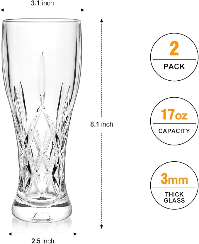 Beer Glasses Set of 2,17 oz Glasses Drinking Set, Craft Beer Glasses for Freezer Supply Aroma Retention, Tall Beer Cups, Mugs and Glassware Gifts for Men