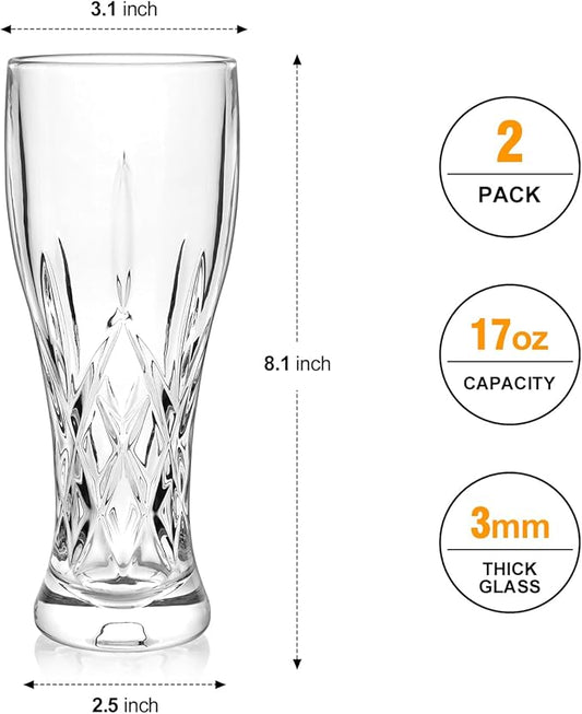 Beer Glasses Set of 2,17 oz Glasses Drinking Set, Craft Beer Glasses for Freezer Supply Aroma Retention, Tall Beer Cups, Mugs and Glassware Gifts for Men