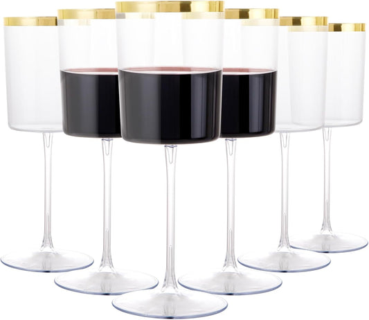 Ciaell 12 Pack Plastic Wine Glasses - 14 Oz Plastic Wine Glasses with Stem - Square Gold Disposable Stemmed Glass for Parties & Weddings & Outdoors & Thanksgiving