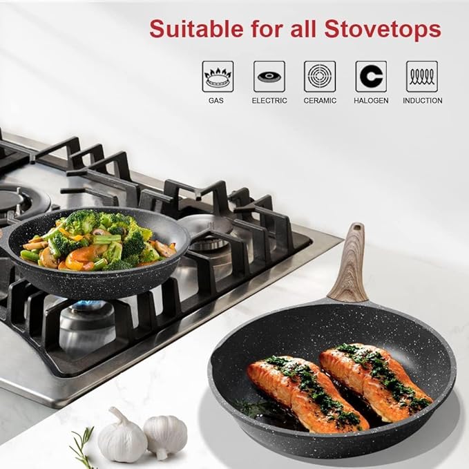 Caannasweis Nonstick Granite Frying Pan Skillet, Non Stick Omelette Fry Pans, Omelet Egg Pan, Stone Cookware Chef's Pan, Induction Compatible, PFOA Free (Gray, 9.5 Inch with Lid)