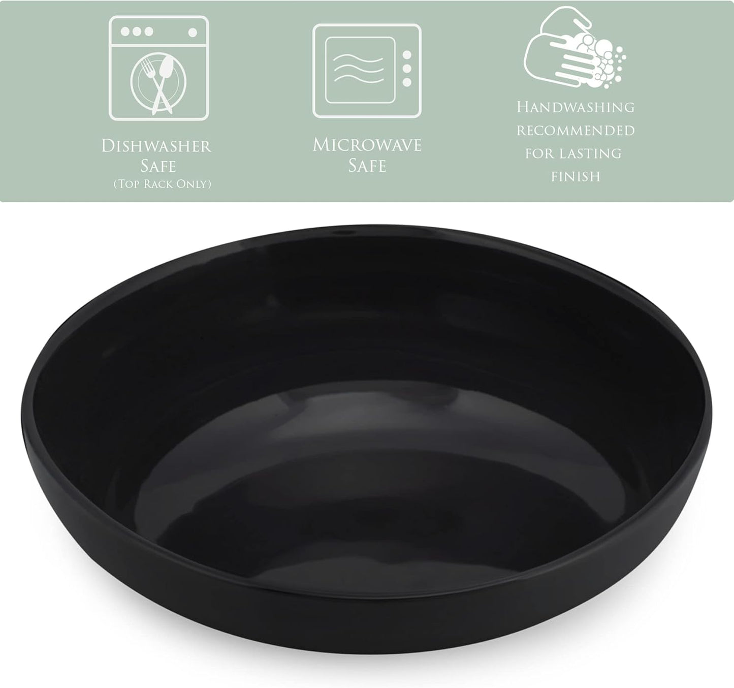 Elanze Designs Bistro Glossy Ceramic 8.5 inch Shallow Pasta Dinner Bowls Set of 4 - Perfect for Everyday uses from Italian Style Pasta to Caesar Salad, and Ramen to Pho, Black