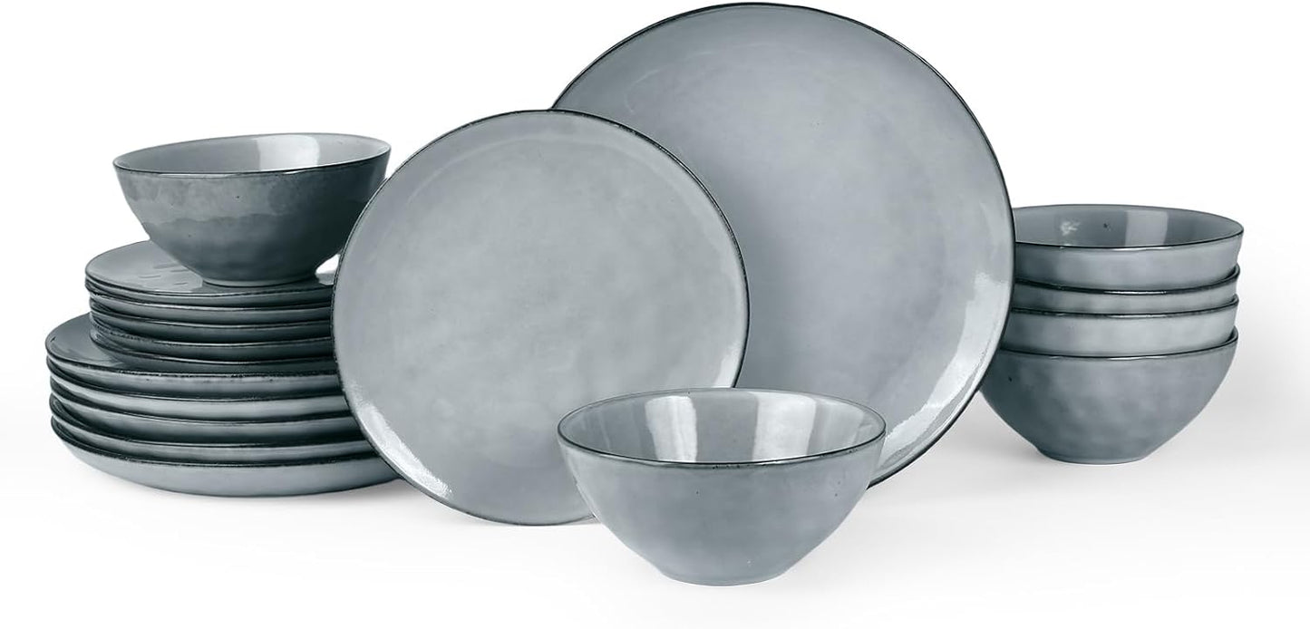 Famiware Ocean Round Plates and Bowls Set, 18 Pieces Dinnerware Sets, Dishes Set for 6, Reactive Glaze, Microwave and Dishwasher Safe, Scratch Resistant, Grey