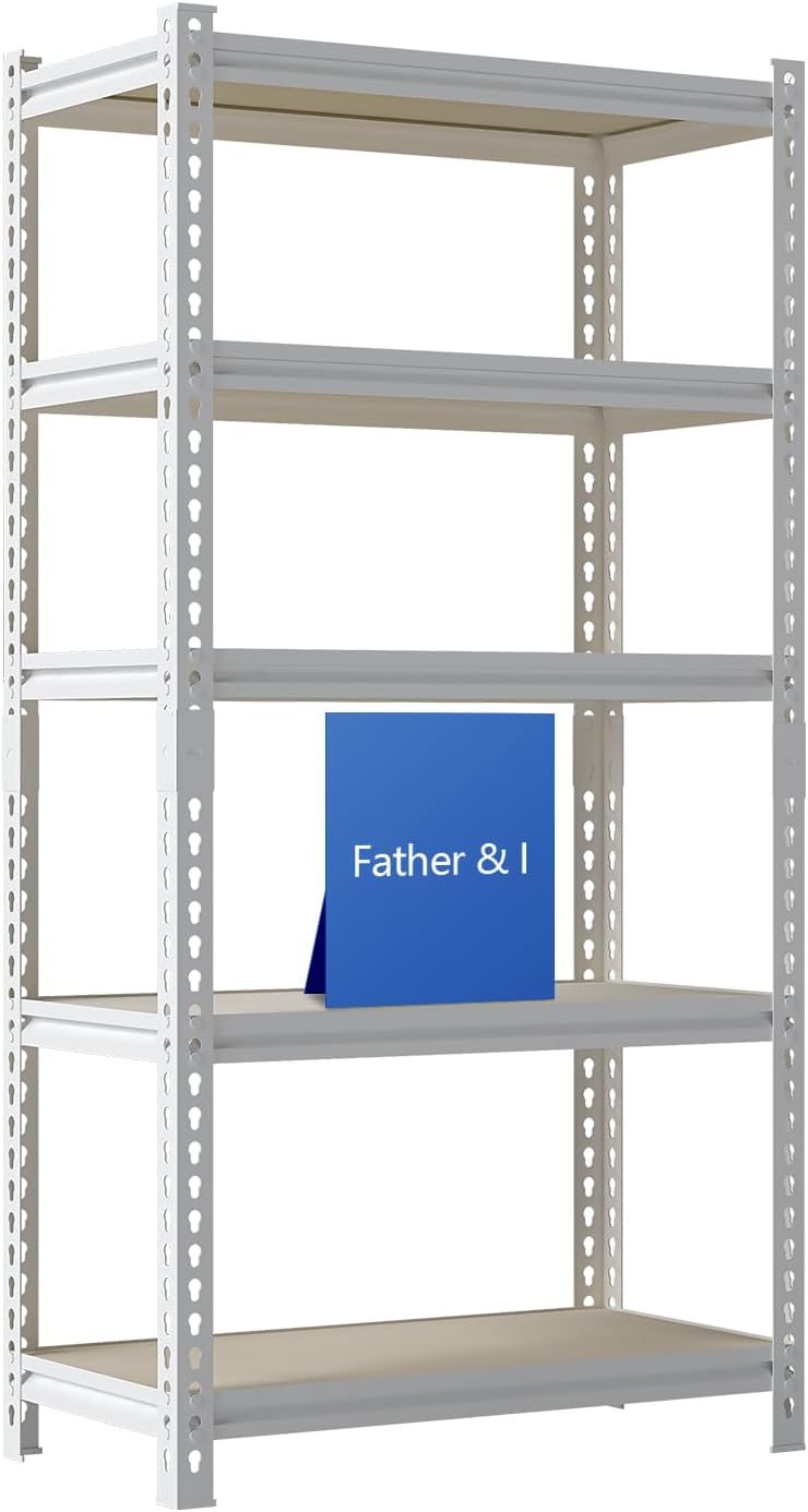 36"W "Father&I" 5-Shelf Industrial Metal Steel Garage/Tote Storage Shelves Heavy-Duty Adjustable Rack: Tall Shelving Units Organizer for Closet/Basement/Pantry/Shop/School 72"H*36W*16"D, White