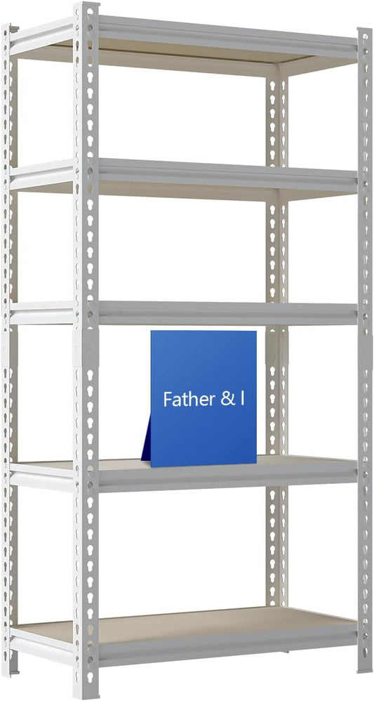 36"W "Father&I" 5-Shelf Industrial Metal Steel Garage/Tote Storage Shelves Heavy-Duty Adjustable Rack: Tall Shelving Units Organizer for Closet/Basement/Pantry/Shop/School 72"H*36W*16"D, White