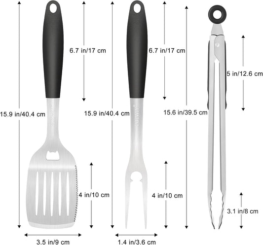 BBQ Grilling Accessories, 3Pcs Stainless Steel Grill Tools Accessories Set with Spatula, Fork and Tongs, Barbecue Utensils Grilling Tools for Outdoor Camping, Heat-Resistant Silicone Handle