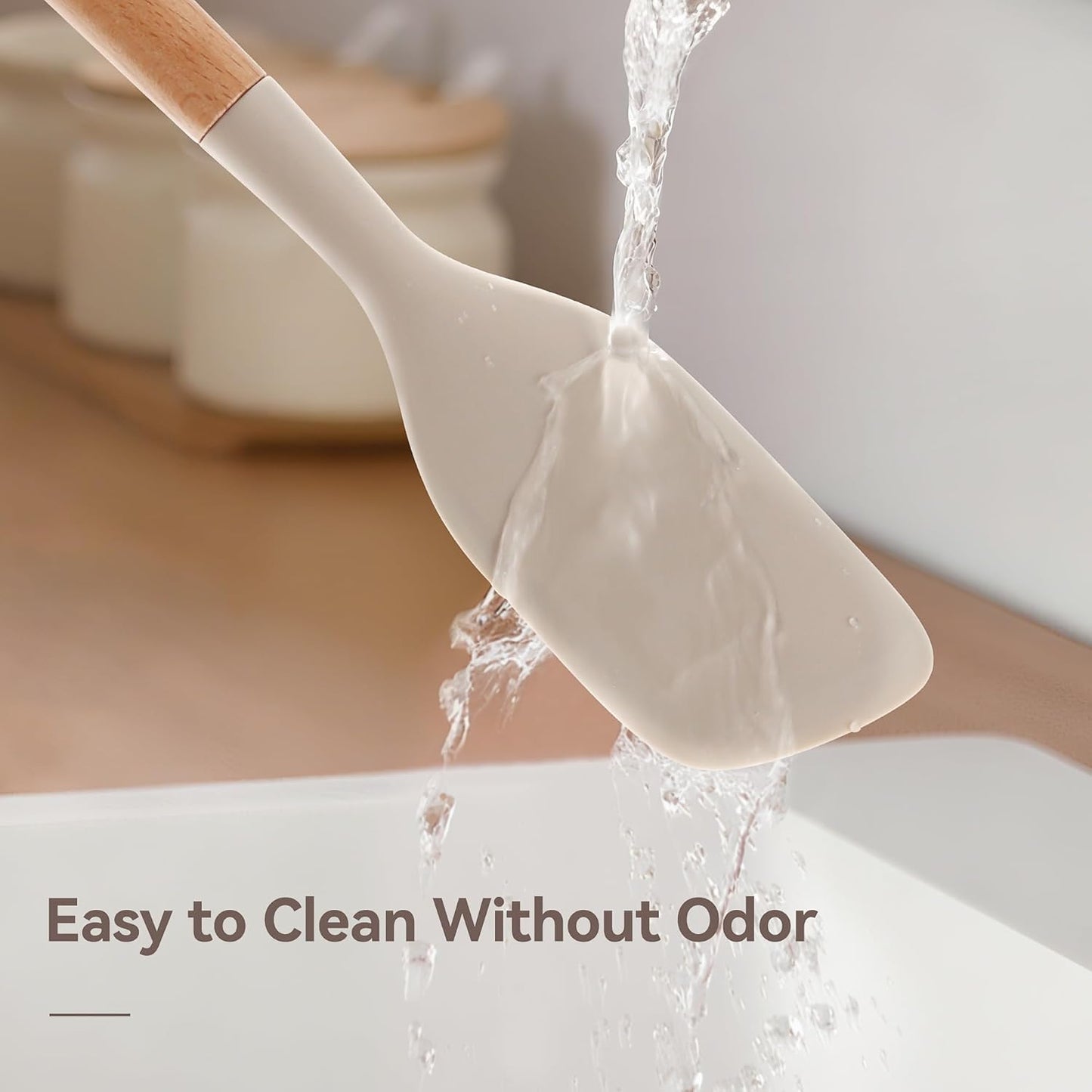 Kitchen Utensils Set, Large Non-stick Silicone Cooking Utensils Set 6 Pcs, Wooden Handle Heat Resistance Silicone Spatula Soup Ladle Pasta Server Kitchen Gadgets Utensils Set BPA Free (Khaki)